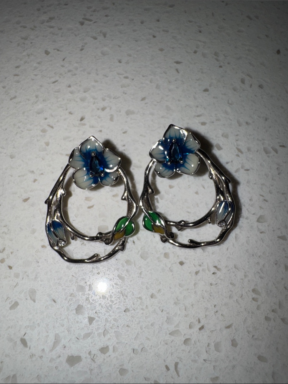 Floral Enamel Drop Earring Jackets - Blue and Green